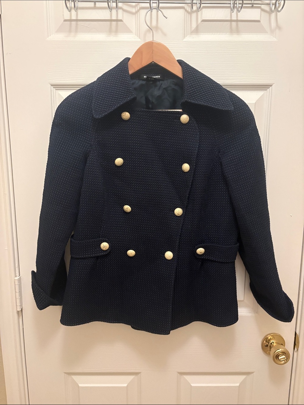 Ellen Tracy Navy Double-Breasted Peacoat with Gold Buttons size 6 A085